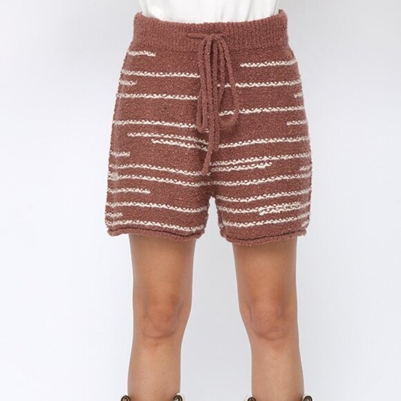 GIGIO Cozy Striped Knit Shorts | Mocha Cream Lounge Shorts - Picture 2 of 4